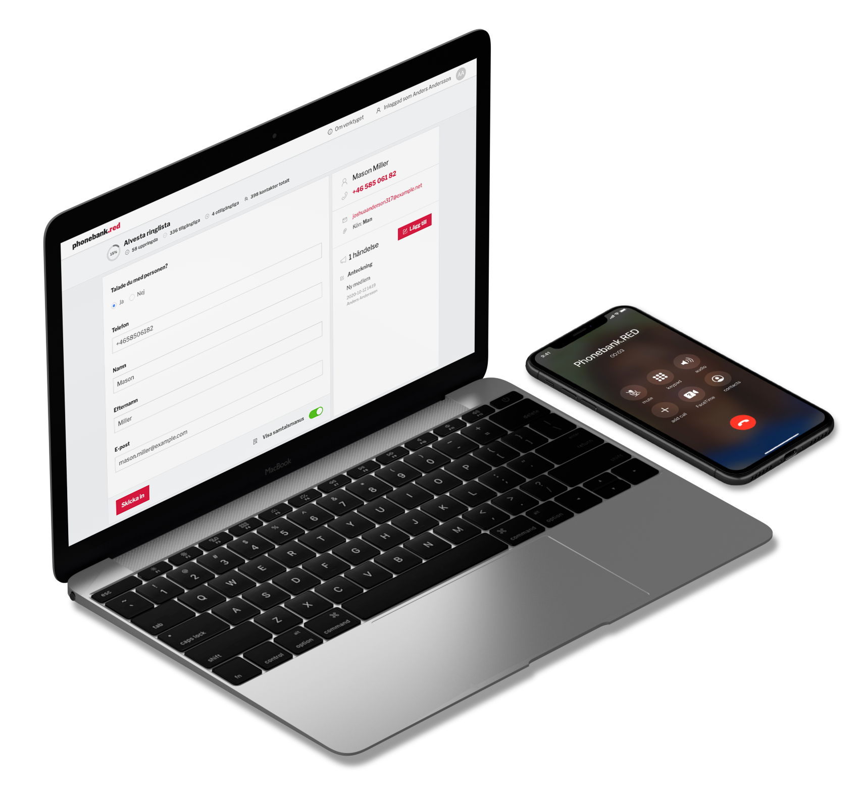 Laptop och telefon med Phonebank.RED